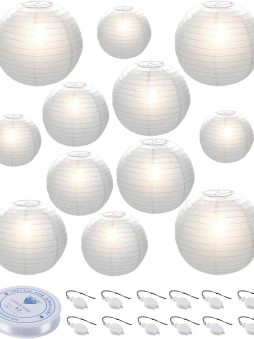 HAUSPROFI Paper Lanterns, 6" 8" 10" 12" Round Paper Lantern with LED Lantern Lights for Indoor and Outdoor Decoration - (Lanterns: 12pcs, Warm White Lights: 12pcs)
