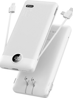 VRURC Portable Charger,Power Bank Built-in Cables and AC Wall Plug, USB C Portable Bank 10000mAh, Travel Essentials Phone Charger Compact External Battery Pack for Smart Phones, Tablets etc-White